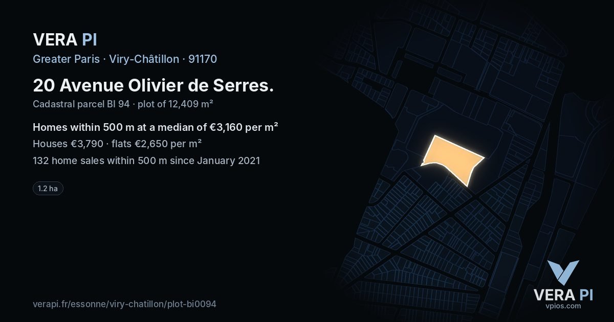 20 Avenue Olivier de Serres, Viry-Châtillon at night – the plot lit, the parcels around coloured by the prices near them