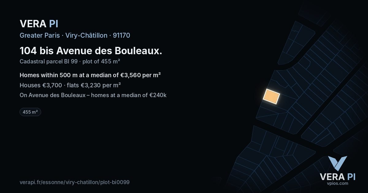 104 bis Avenue des Bouleaux, Viry-Châtillon at night – the plot lit, the parcels around coloured by the prices near them