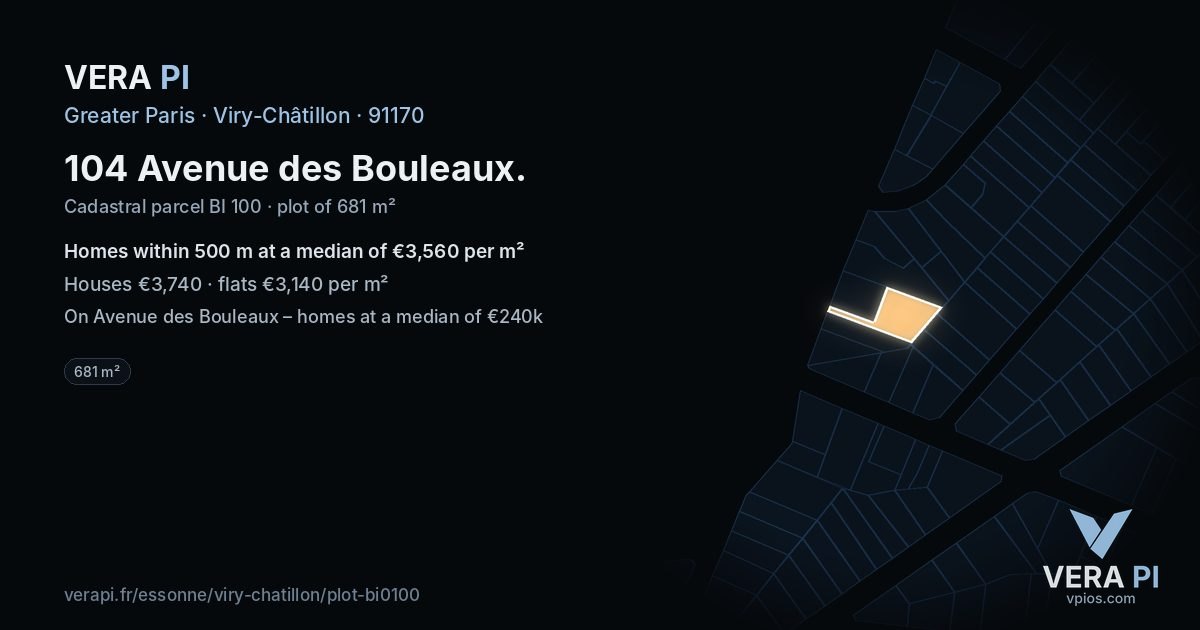 104 Avenue des Bouleaux, Viry-Châtillon at night – the plot lit, the parcels around coloured by the prices near them