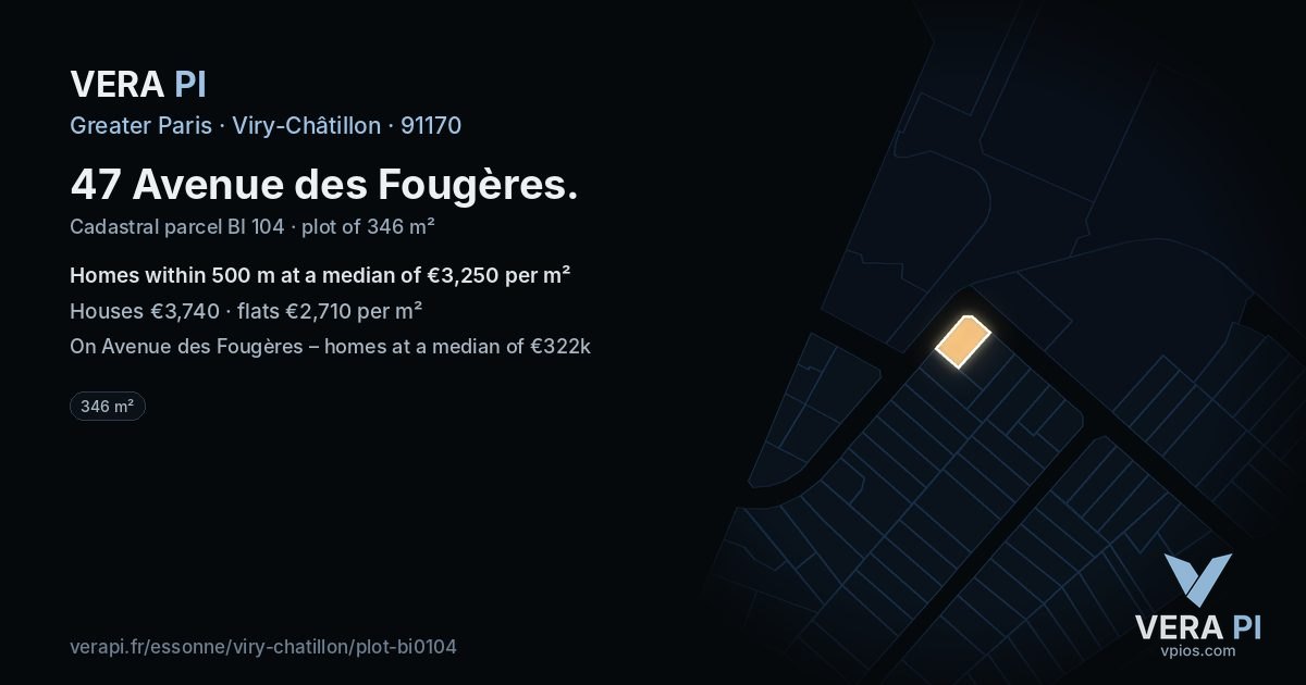 47 Avenue des Fougères, Viry-Châtillon at night – the plot lit, the parcels around coloured by the prices near them