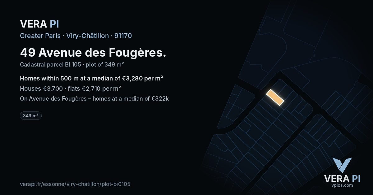 49 Avenue des Fougères, Viry-Châtillon at night – the plot lit, the parcels around coloured by the prices near them