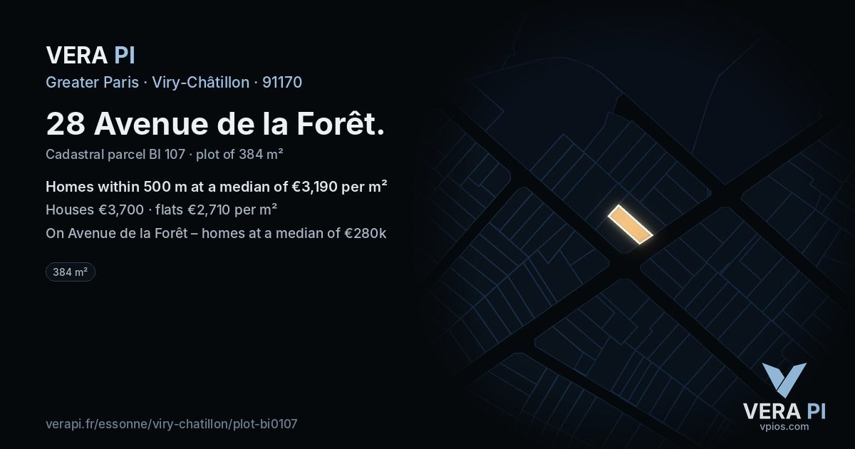 28 Avenue de la Forêt, Viry-Châtillon at night – the plot lit, the parcels around coloured by the prices near them