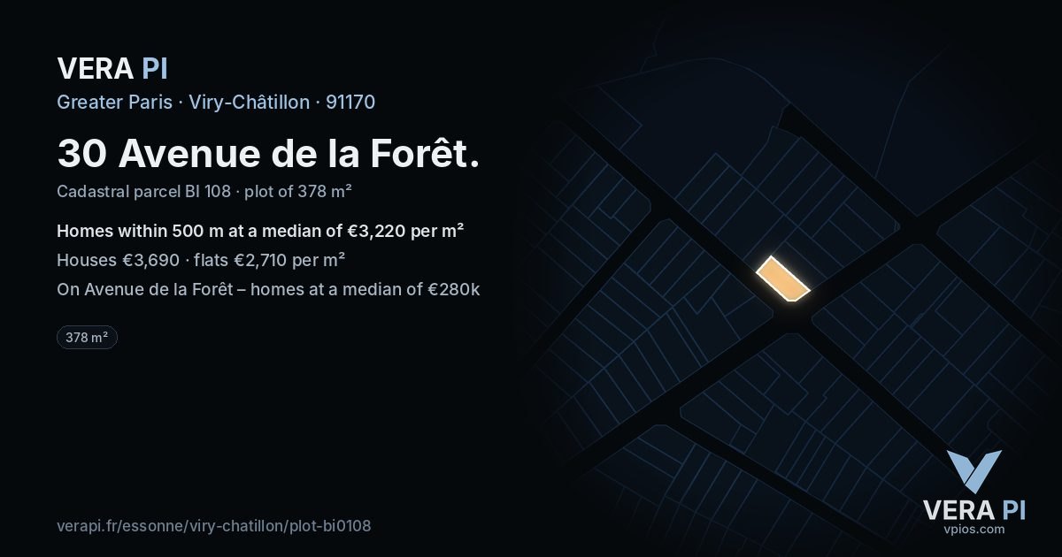 30 Avenue de la Forêt, Viry-Châtillon at night – the plot lit, the parcels around coloured by the prices near them
