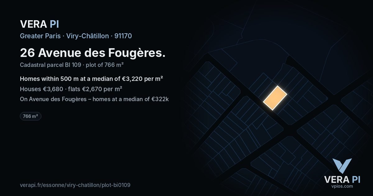 26 Avenue des Fougères, Viry-Châtillon at night – the plot lit, the parcels around coloured by the prices near them