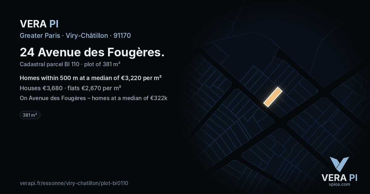 24 Avenue des Fougères, Viry-Châtillon at night – the plot lit, the parcels around coloured by the prices near them