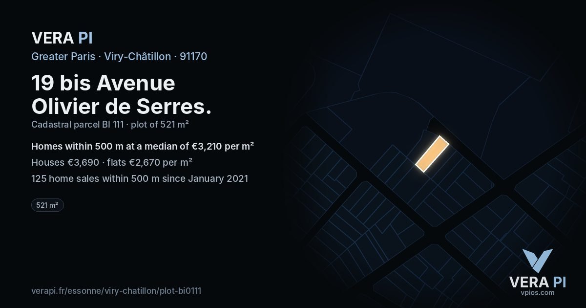 19 bis Avenue Olivier de Serres, Viry-Châtillon at night – the plot lit, the parcels around coloured by the prices near them
