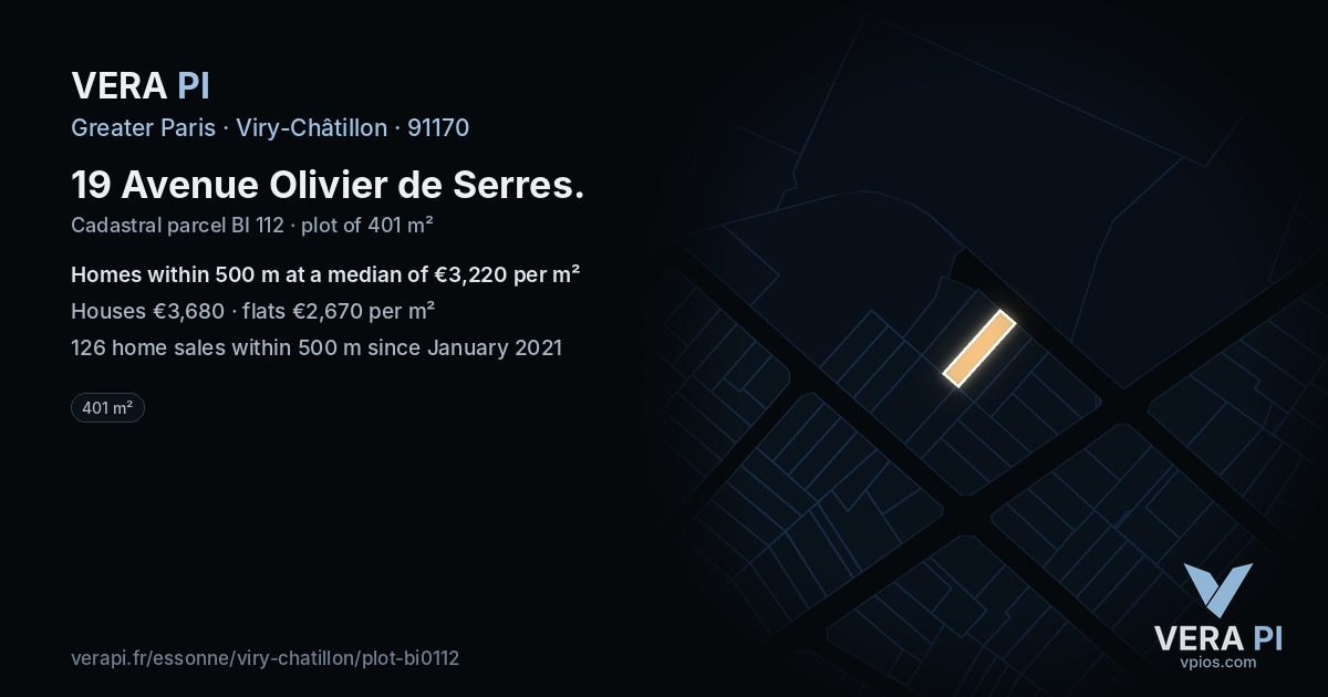 19 Avenue Olivier de Serres, Viry-Châtillon at night – the plot lit, the parcels around coloured by the prices near them