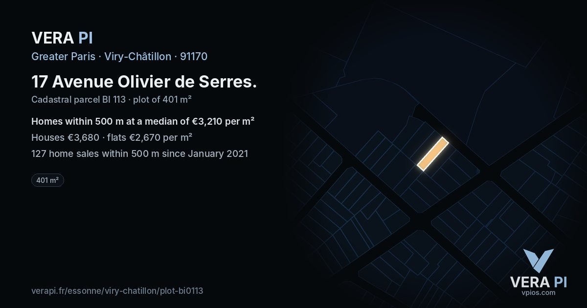 17 Avenue Olivier de Serres, Viry-Châtillon at night – the plot lit, the parcels around coloured by the prices near them