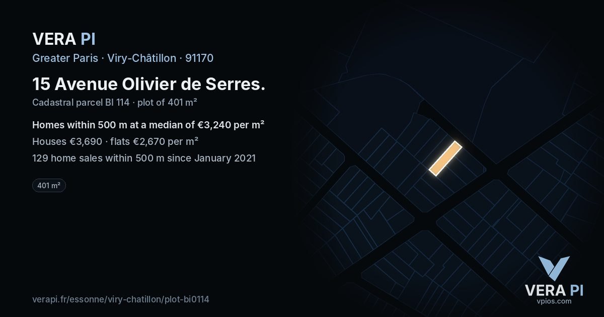 15 Avenue Olivier de Serres, Viry-Châtillon at night – the plot lit, the parcels around coloured by the prices near them