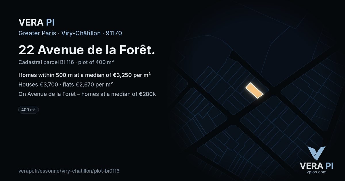 22 Avenue de la Forêt, Viry-Châtillon at night – the plot lit, the parcels around coloured by the prices near them