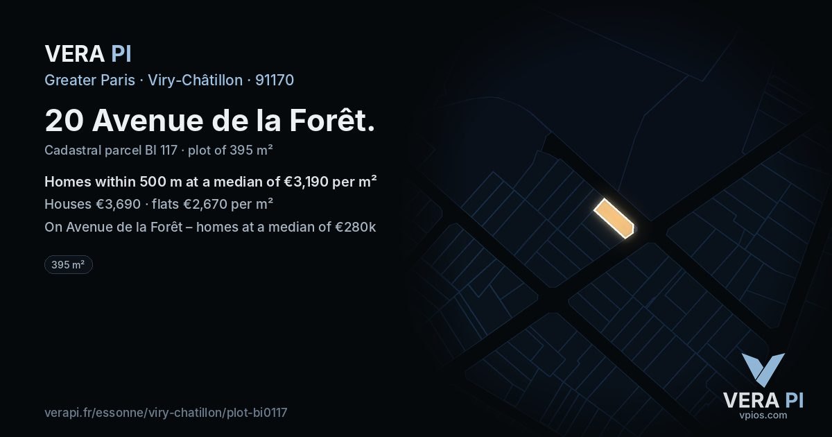 20 Avenue de la Forêt, Viry-Châtillon at night – the plot lit, the parcels around coloured by the prices near them