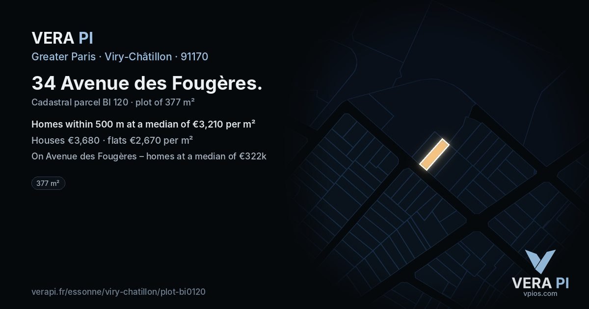 34 Avenue des Fougères, Viry-Châtillon at night – the plot lit, the parcels around coloured by the prices near them