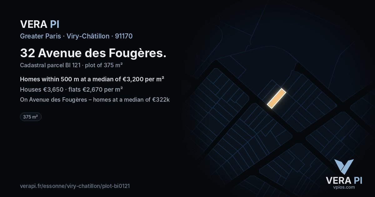 32 Avenue des Fougères, Viry-Châtillon at night – the plot lit, the parcels around coloured by the prices near them