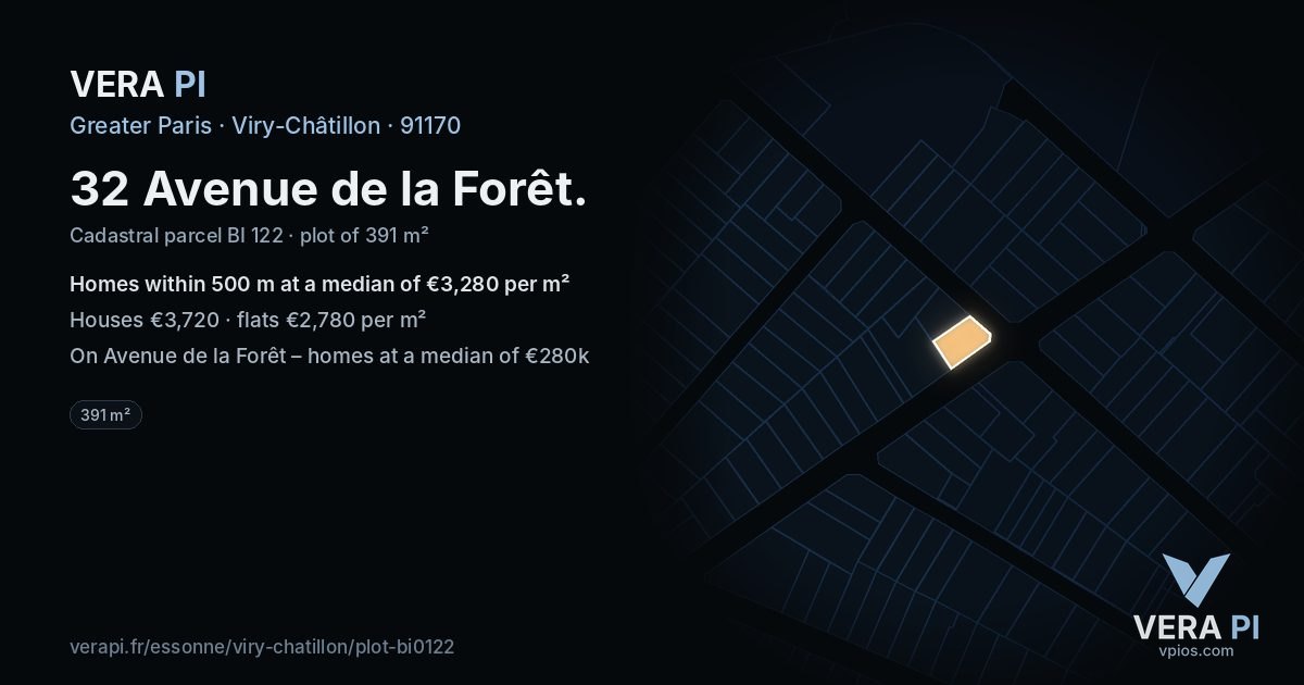 32 Avenue de la Forêt, Viry-Châtillon at night – the plot lit, the parcels around coloured by the prices near them