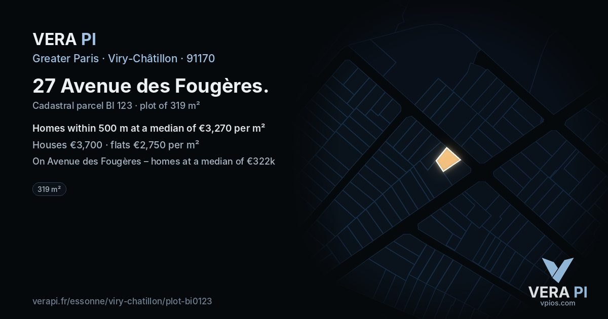 27 Avenue des Fougères, Viry-Châtillon at night – the plot lit, the parcels around coloured by the prices near them