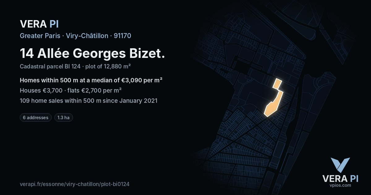 14 Allée Georges Bizet, Viry-Châtillon at night – the plot lit, the parcels around coloured by the prices near them