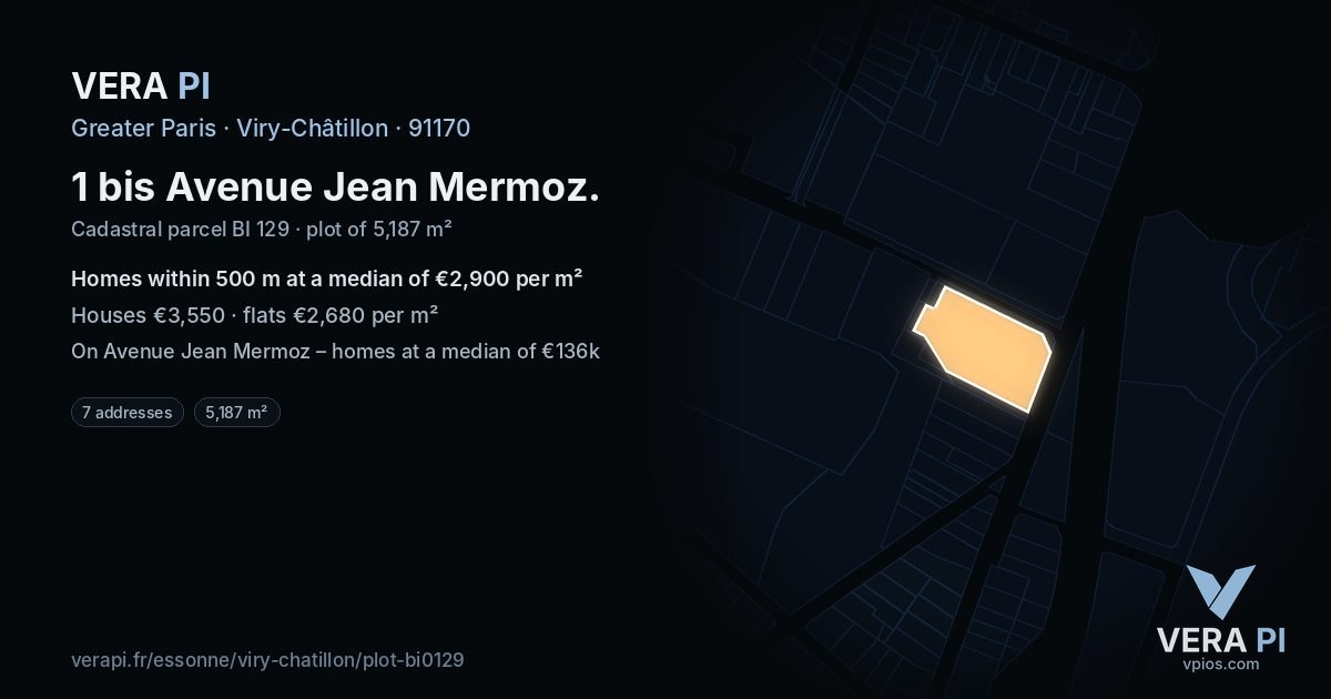 1 bis Avenue Jean Mermoz, Viry-Châtillon at night – the plot lit, the parcels around coloured by the prices near them