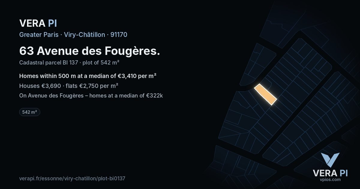 63 Avenue des Fougères, Viry-Châtillon at night – the plot lit, the parcels around coloured by the prices near them