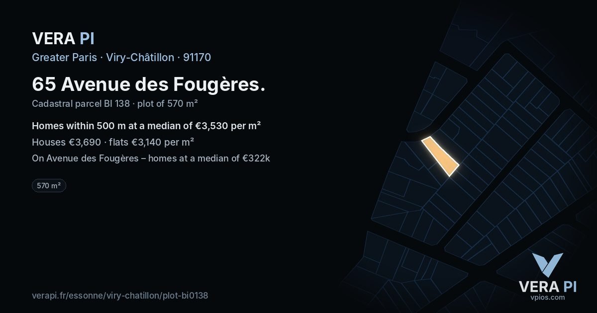 65 Avenue des Fougères, Viry-Châtillon at night – the plot lit, the parcels around coloured by the prices near them