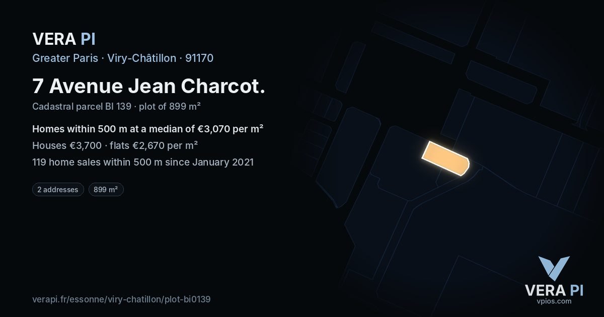 7 Avenue Jean Charcot, Viry-Châtillon at night – the plot lit, the parcels around coloured by the prices near them