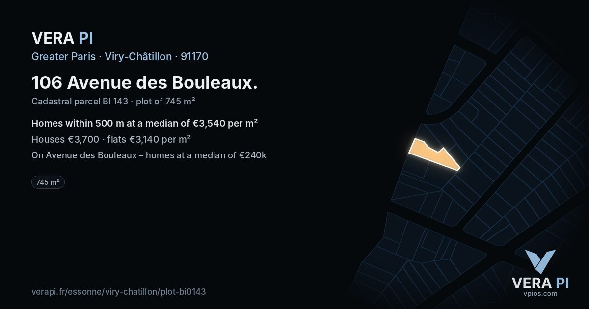 106 Avenue des Bouleaux, Viry-Châtillon at night – the plot lit, the parcels around coloured by the prices near them