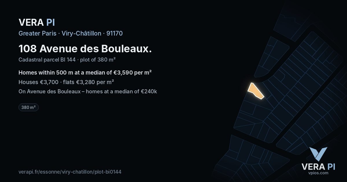 108 Avenue des Bouleaux, Viry-Châtillon at night – the plot lit, the parcels around coloured by the prices near them