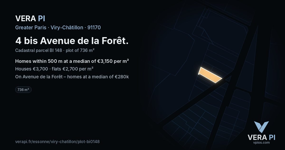 4 bis Avenue de la Forêt, Viry-Châtillon at night – the plot lit, the parcels around coloured by the prices near them