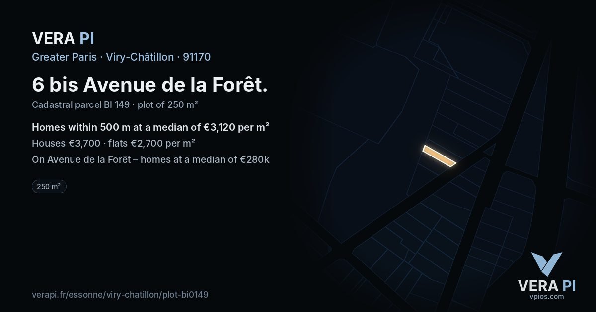 6 bis Avenue de la Forêt, Viry-Châtillon at night – the plot lit, the parcels around coloured by the prices near them