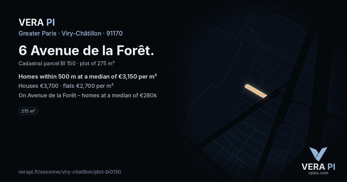 6 Avenue de la Forêt, Viry-Châtillon at night – the plot lit, the parcels around coloured by the prices near them