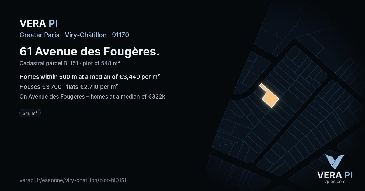 61 Avenue des Fougères, Viry-Châtillon at night – the plot lit, the parcels around coloured by the prices near them