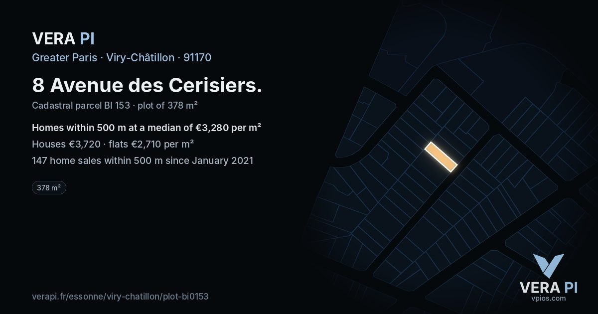 8 Avenue des Cerisiers, Viry-Châtillon at night – the plot lit, the parcels around coloured by the prices near them