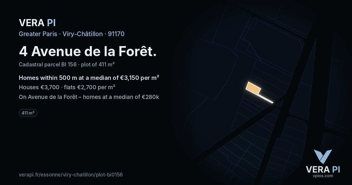4 Avenue de la Forêt, Viry-Châtillon at night – the plot lit, the parcels around coloured by the prices near them