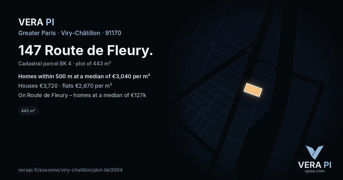 147 Route de Fleury, Viry-Châtillon at night – the plot lit, the parcels around coloured by the prices near them