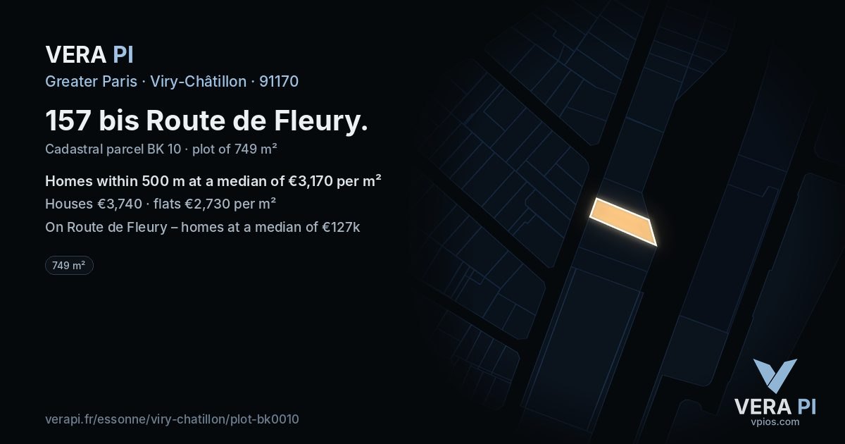 157 bis Route de Fleury, Viry-Châtillon at night – the plot lit, the parcels around coloured by the prices near them