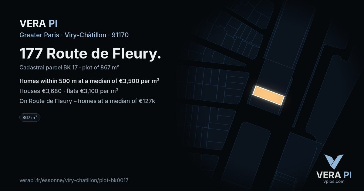 177 Route de Fleury, Viry-Châtillon at night – the plot lit, the parcels around coloured by the prices near them