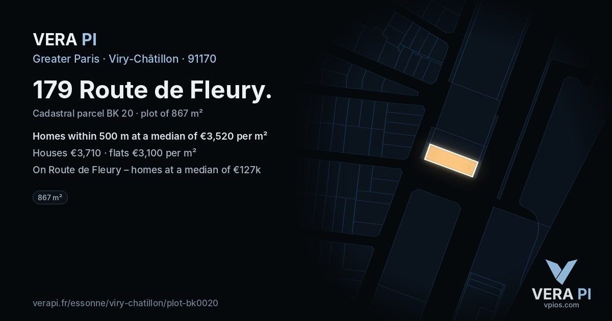 179 Route de Fleury, Viry-Châtillon at night – the plot lit, the parcels around coloured by the prices near them