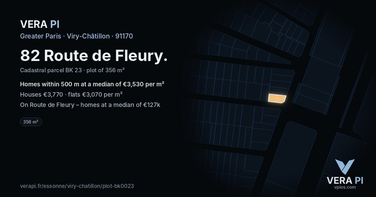 82 Route de Fleury, Viry-Châtillon at night – the plot lit, the parcels around coloured by the prices near them