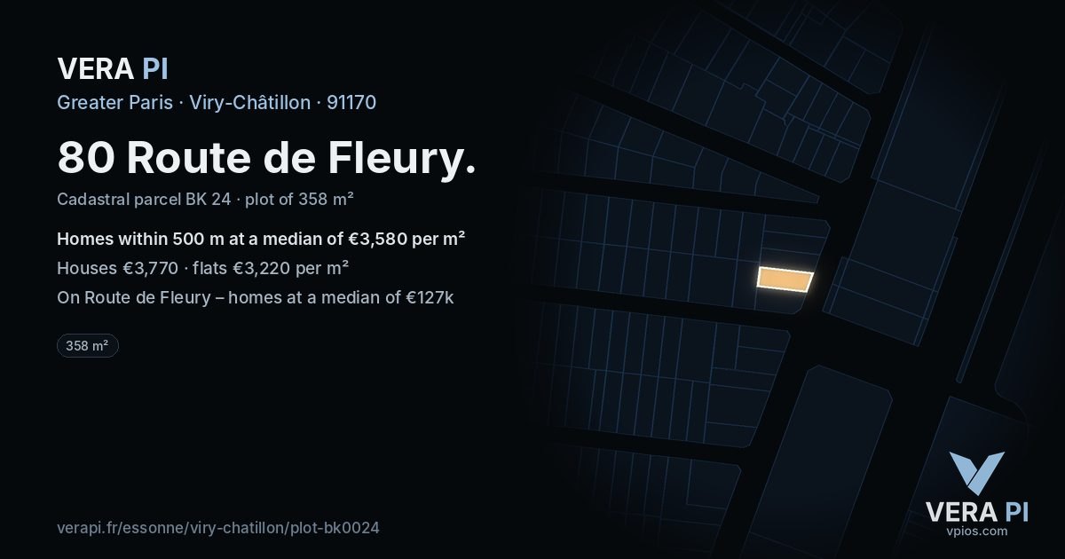 80 Route de Fleury, Viry-Châtillon at night – the plot lit, the parcels around coloured by the prices near them