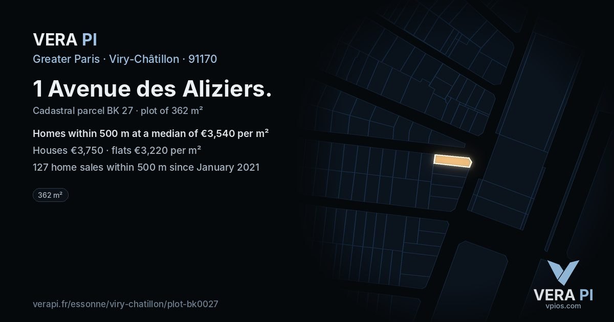 1 Avenue des Aliziers, Viry-Châtillon at night – the plot lit, the parcels around coloured by the prices near them