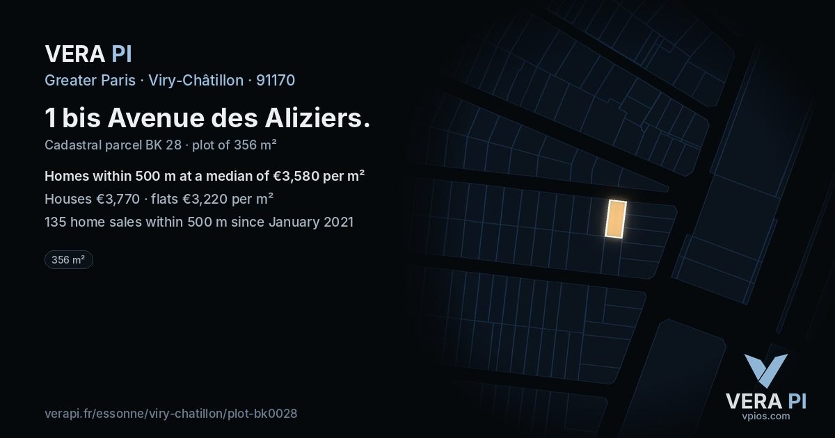 1 bis Avenue des Aliziers, Viry-Châtillon at night – the plot lit, the parcels around coloured by the prices near them