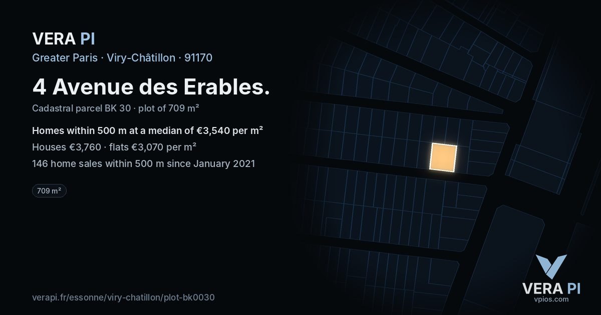 4 Avenue des Erables, Viry-Châtillon at night – the plot lit, the parcels around coloured by the prices near them
