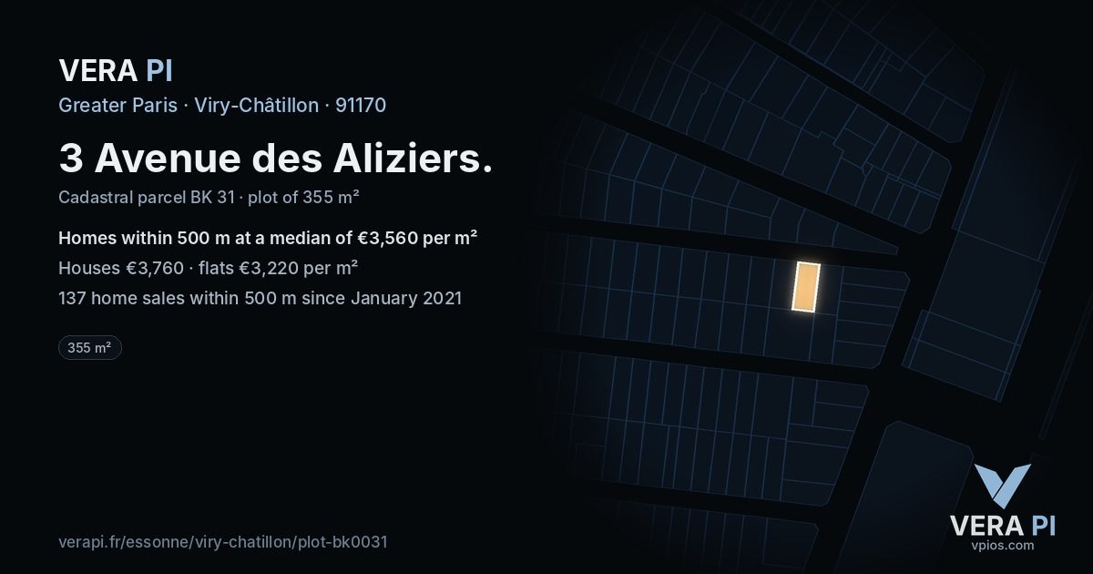 3 Avenue des Aliziers, Viry-Châtillon at night – the plot lit, the parcels around coloured by the prices near them