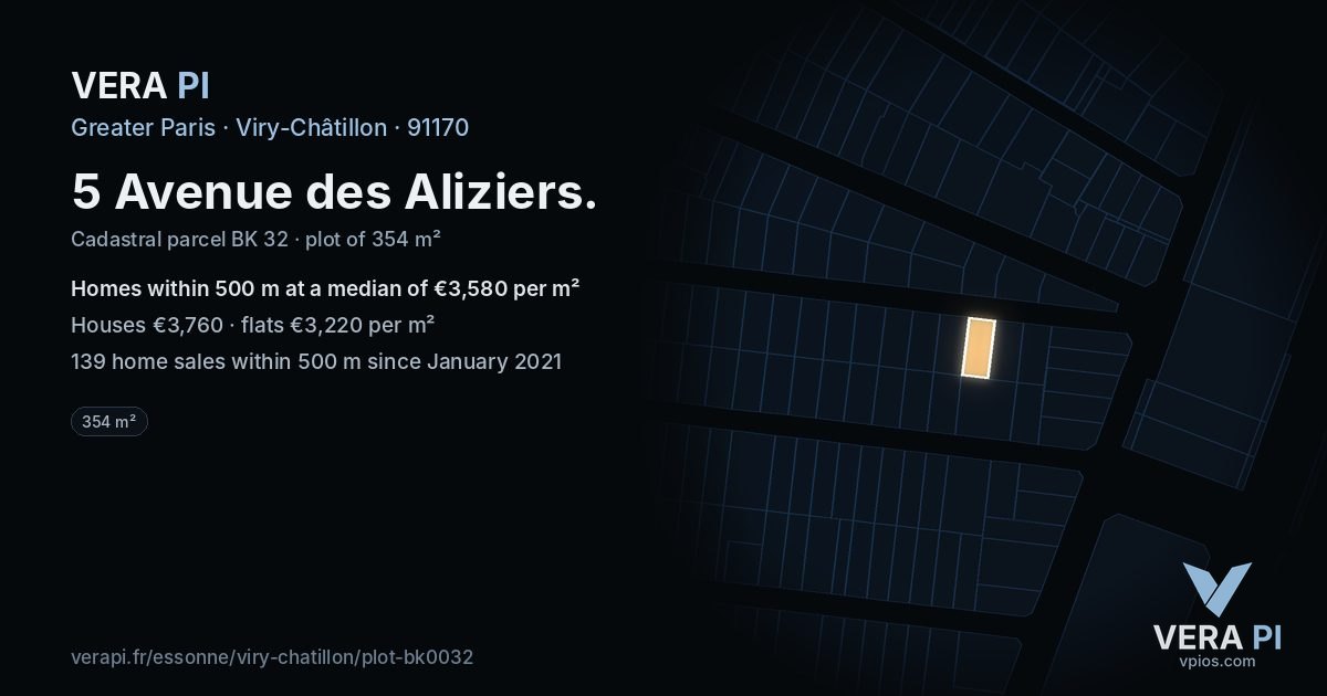 5 Avenue des Aliziers, Viry-Châtillon at night – the plot lit, the parcels around coloured by the prices near them