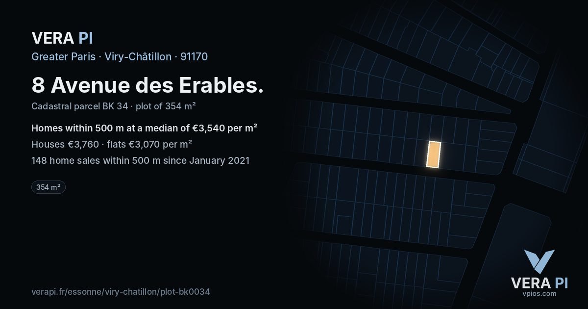 8 Avenue des Erables, Viry-Châtillon at night – the plot lit, the parcels around coloured by the prices near them