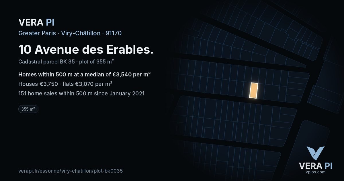 10 Avenue des Erables, Viry-Châtillon at night – the plot lit, the parcels around coloured by the prices near them
