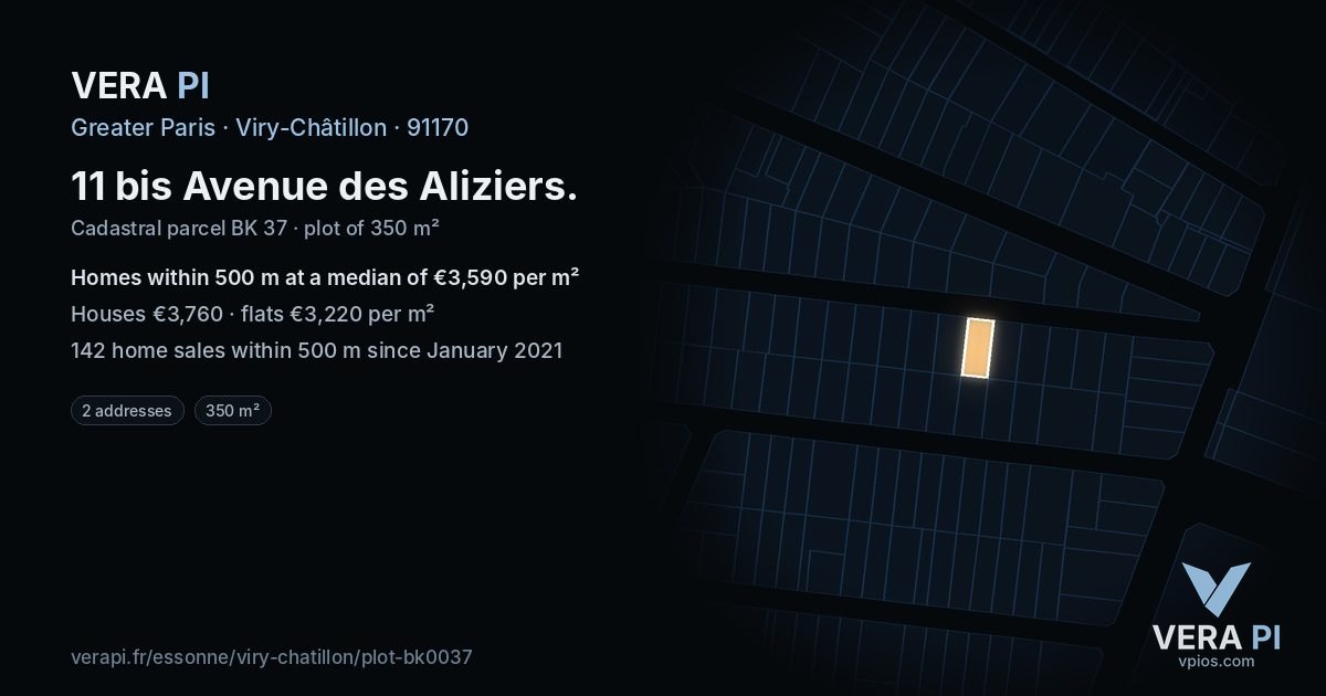 11 bis Avenue des Aliziers, Viry-Châtillon at night – the plot lit, the parcels around coloured by the prices near them