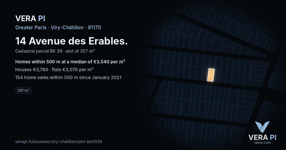 14 Avenue des Erables, Viry-Châtillon at night – the plot lit, the parcels around coloured by the prices near them