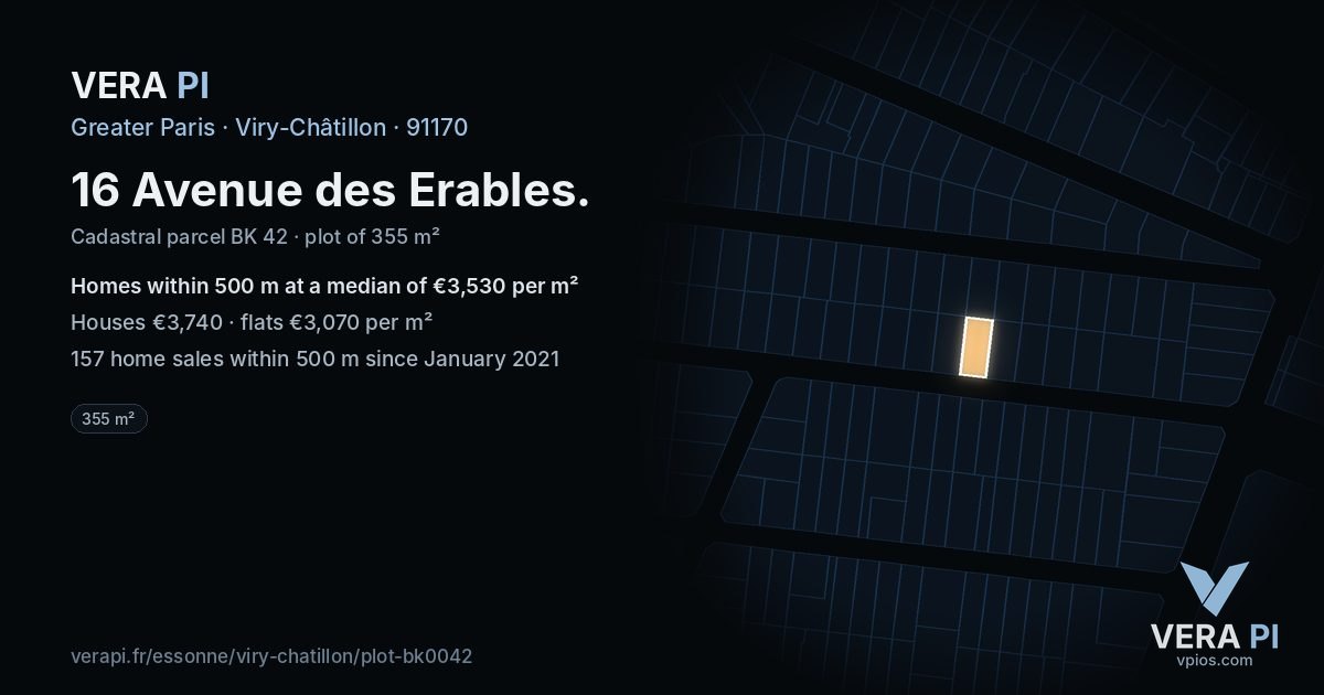 16 Avenue des Erables, Viry-Châtillon at night – the plot lit, the parcels around coloured by the prices near them