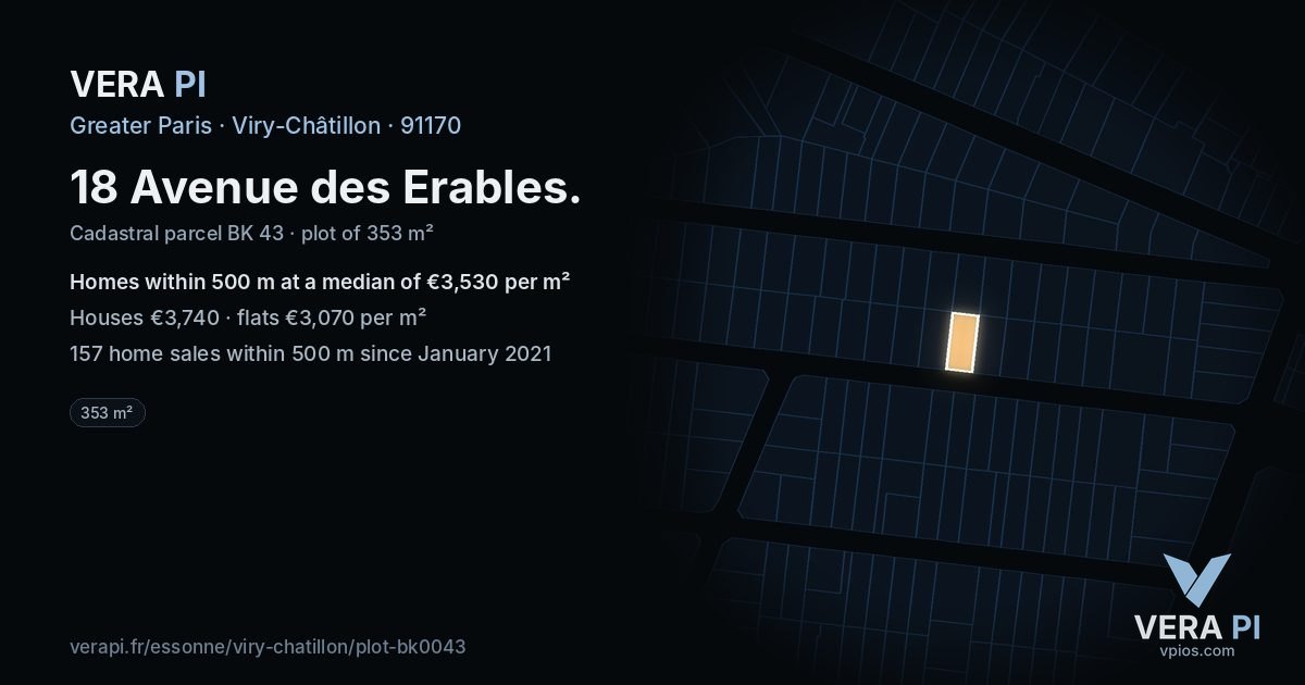 18 Avenue des Erables, Viry-Châtillon at night – the plot lit, the parcels around coloured by the prices near them