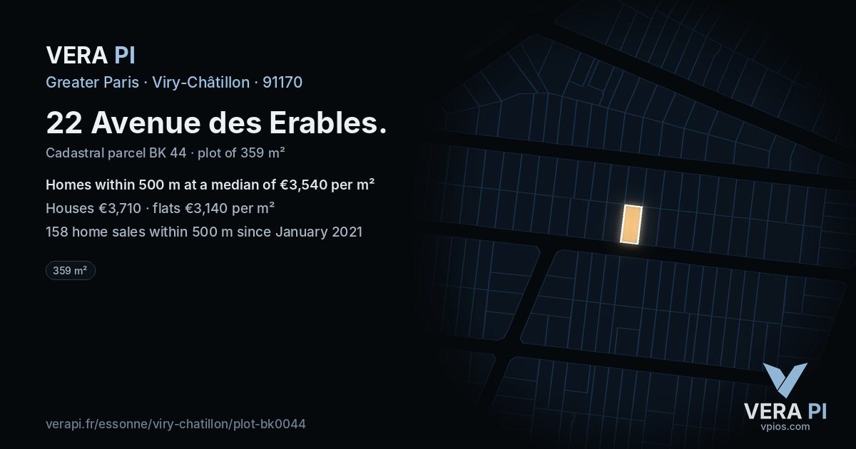 22 Avenue des Erables, Viry-Châtillon at night – the plot lit, the parcels around coloured by the prices near them